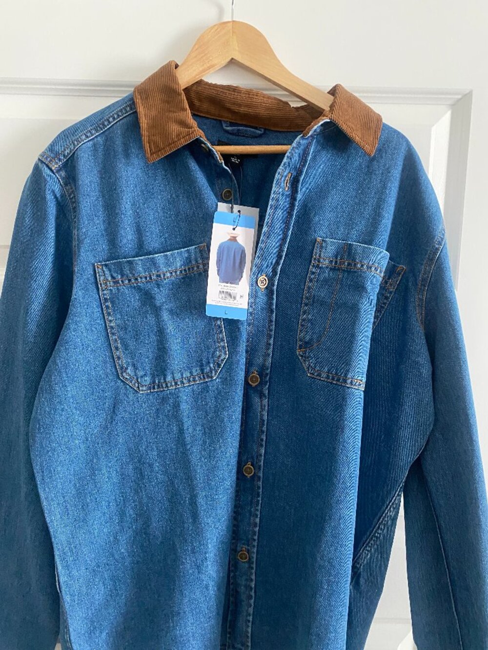 Frye Denim Shirt Mens M Blue Western Brown Corduroy Collar Cowboy Workwear